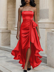 Glamorous Formal Dress Midnight Navy Strapless Satin Gown Midi Dress