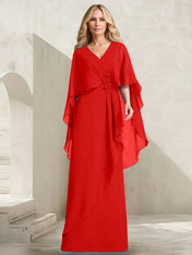 A-line V-Neck Floor-Length Chiffon Mother of the Bride Dress With Cascading Ruffles Beading