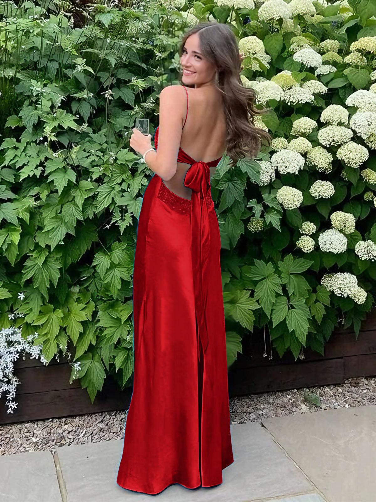 Dreamylily Women Blue A Line V-neck Beaded Back Tie Long Prom Dress Dreamylily Women Blue A Line V-neck Beaded Back Tie Long Prom Dress