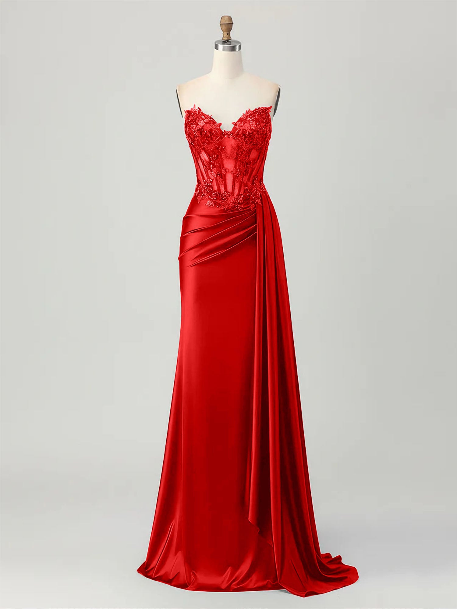Strapless Illusion Bodice Prom Dress with Satin Skirt