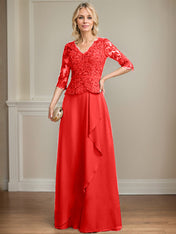 A-line V-Neck Floor-Length Lace Chiffon Mother of the Bride Dress With Cascading Ruffles Sequins