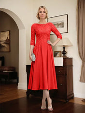 A-line Scoop Illusion Tea-Length Chiffon Lace Mother of the Bride Dress With Beading Sequins