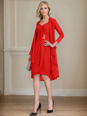 Sheath/Column Sweetheart Knee-Length Chiffon Mother of the Bride Dress With Beading Appliques Lace Sequins Pleated
