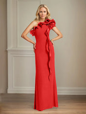 Navy Stretch Crepe Sheath/Column One Shoulder Floor Length Mother of the Bride Dresses With Ruffles