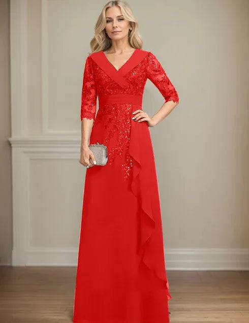 Robe de mère de la mariée trapèze, col en V, longueur au sol, en mousseline de soie et dentelle, avec volants en cascade et paillettes 