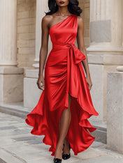 Glamorous Formal Dress Midnight Navy One Shoulder High-Low Satin Gown Midi Dress