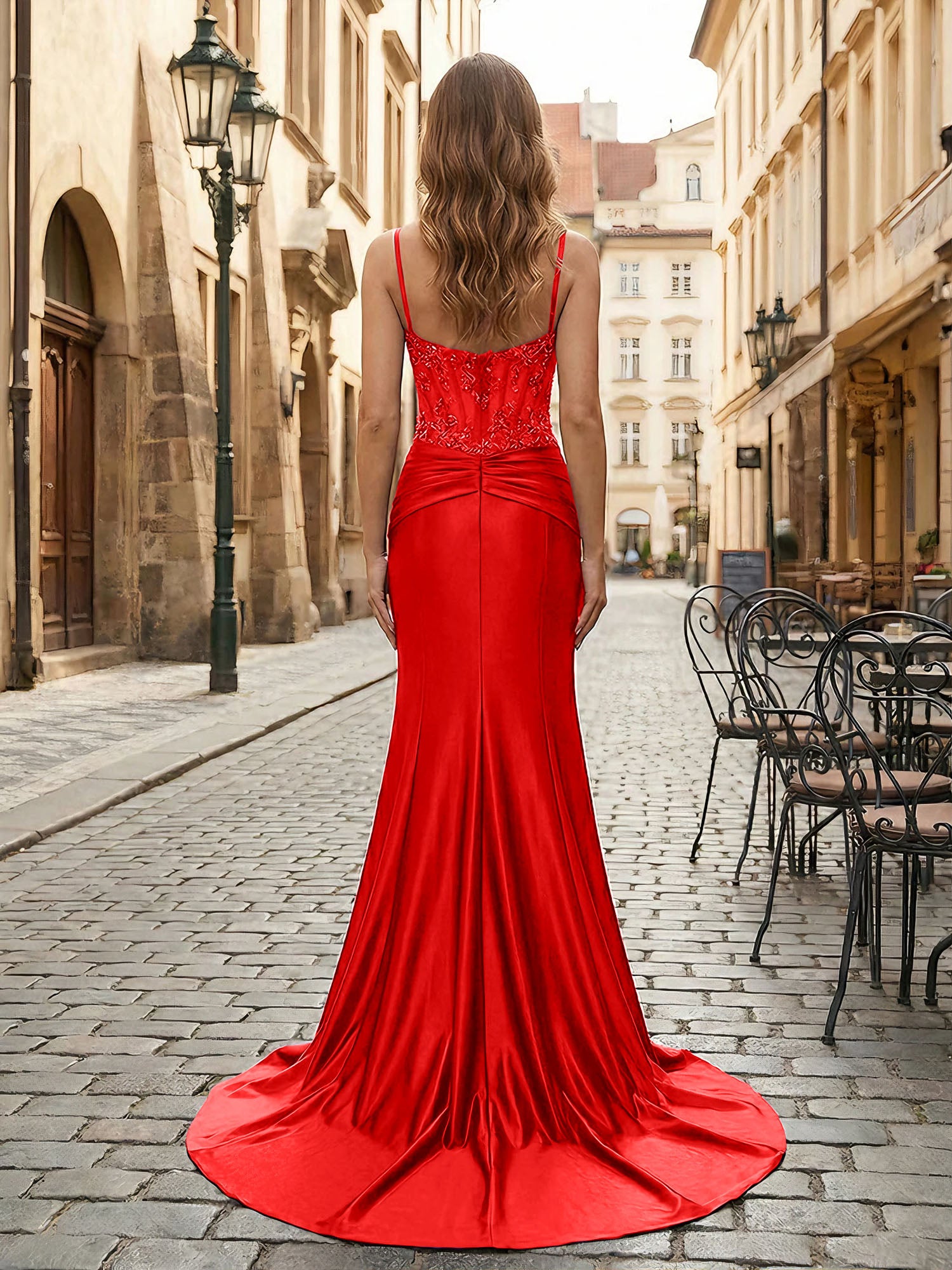 Purple Mermaid Spaghetti Straps Satin Long Corset Appliqued Prom Dress