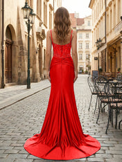 Purple Mermaid Spaghetti Straps Satin Long Corset Appliqued Prom Dress