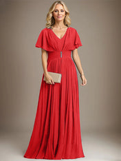 A-line V-Neck Floor-Length Chiffon Mother of the Bride Dress With Crystal Brooch Pleated