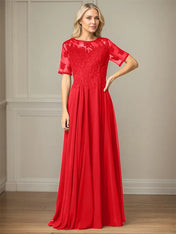 A Line Chiffon Scoop Neck Short Sleeves Floor Length Mother of the Bride Dresses