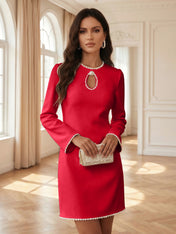 White Pearl Hollow Out Classic Crew Neck Long Sleeve Shift Mini Dress Gown