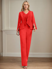 Separates Jumpsuit/Pantsuit V-Neck Floor-Length Chiffon Mother of the Bride Dress