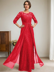 A-Line Scoop Illusion Floor-Length Lace Chiffon Mother Of the Bride Dress With Beading Ruffles