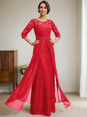 Robe de mère de la mariée trapèze en mousseline de soie et dentelle, longueur au sol, avec décolleté en V et volants perlés 