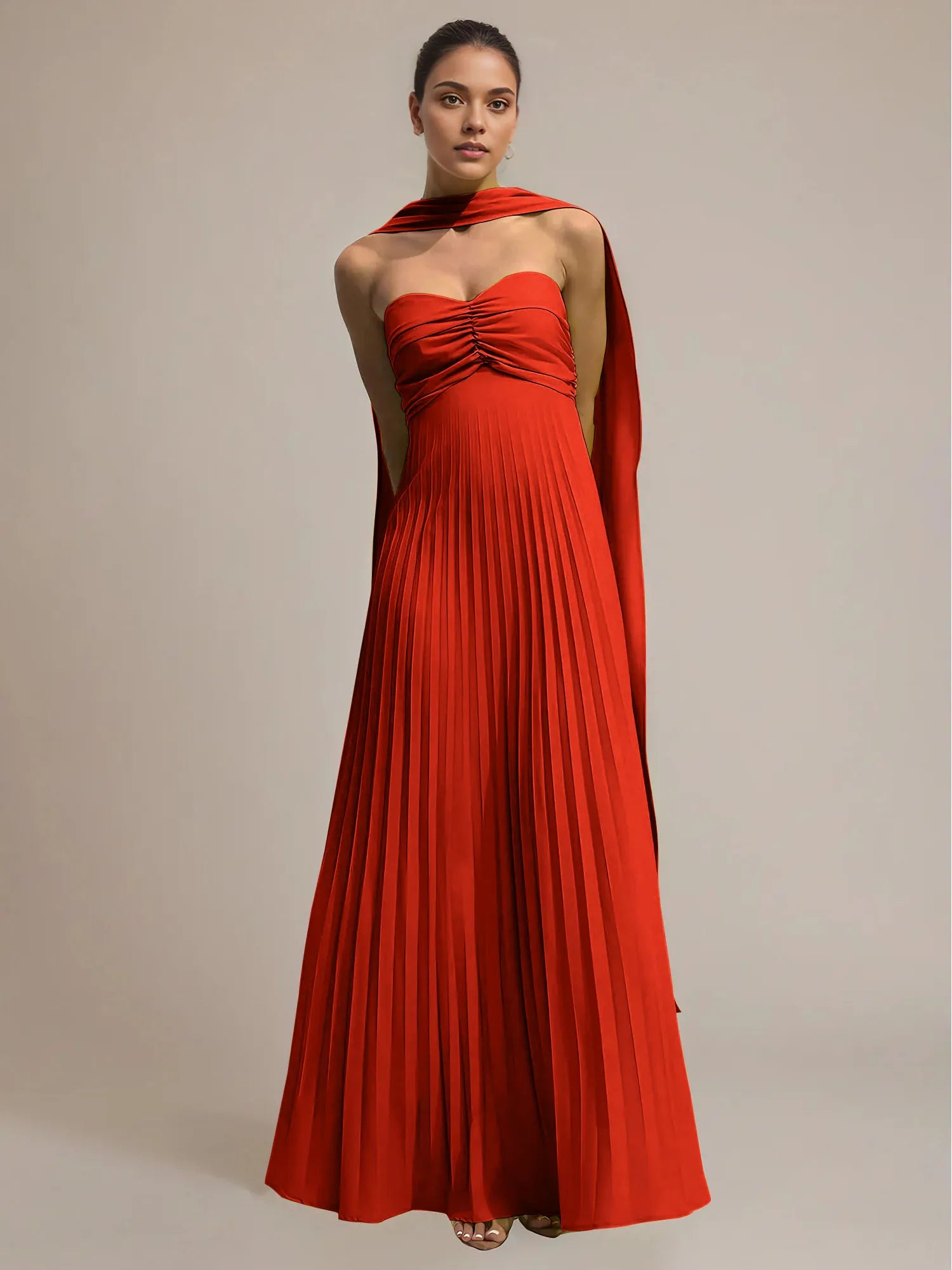 Green Chiffon A Line Off The Shoulder Sleeveless Floor Length Pleated Dress