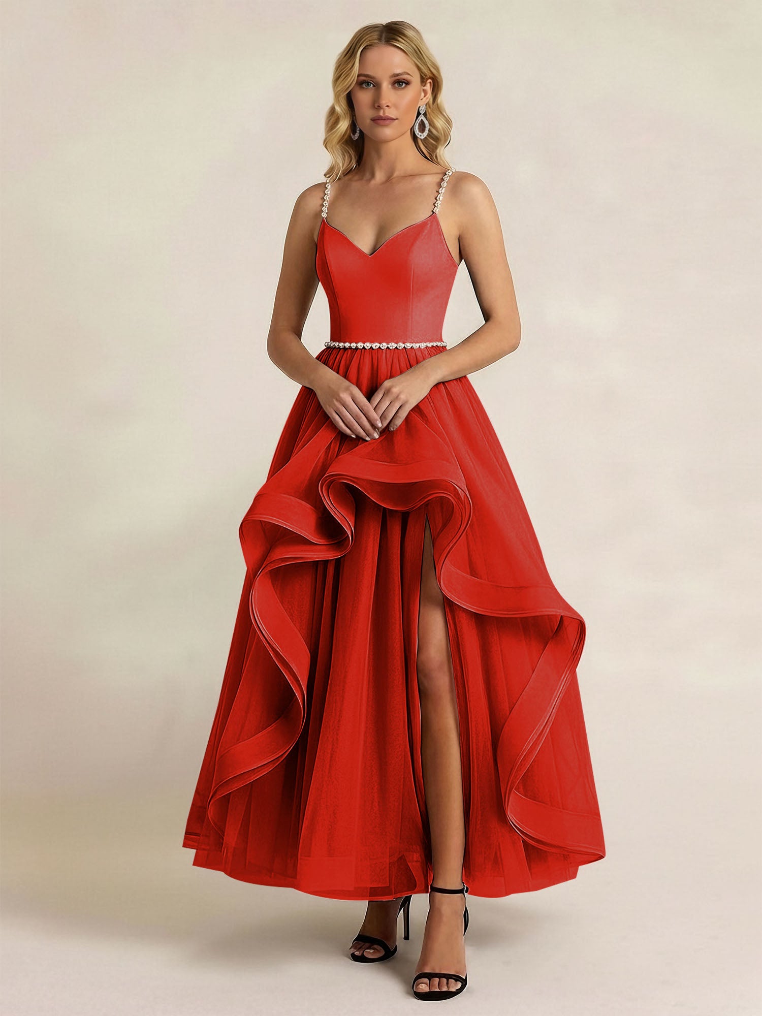 Black Tulle Ruffled A Line Long Formal Dress with Slit