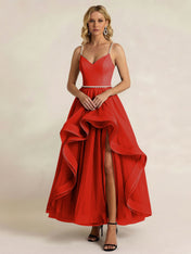 Black Tulle Ruffled A Line Long Formal Dress with Slit