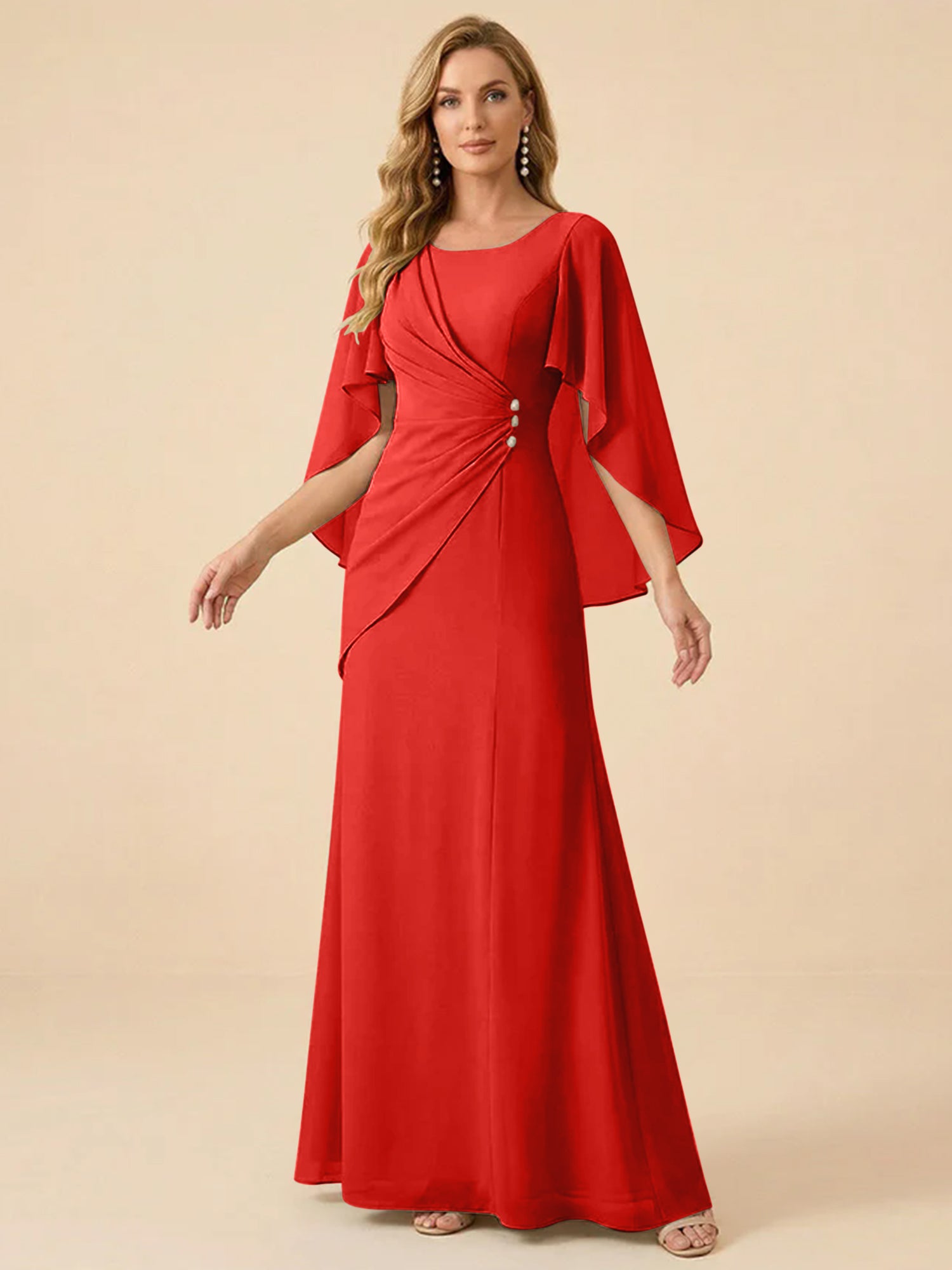 Sage Green Chiffon Beaded Mother of the Bride Dress with Cape Sleeves