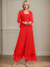 Separates Jumpsuit/Pantsuit Square Ankle-Length Lace Chiffon Mother of the Bride Dress With Sequins