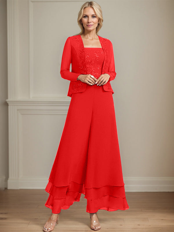 Robe de mère de la mariée en mousseline de soie, longueur cheville, avec sequins, combinaison/tailleur carré 