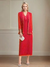 Sheath/Column Chiffon V Neck 3/4 Sleeves Tea Length Mother Of The Bride Dress
