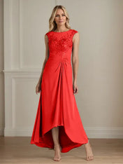 Champagne A-Line Scoop Lace Chiffon Dress