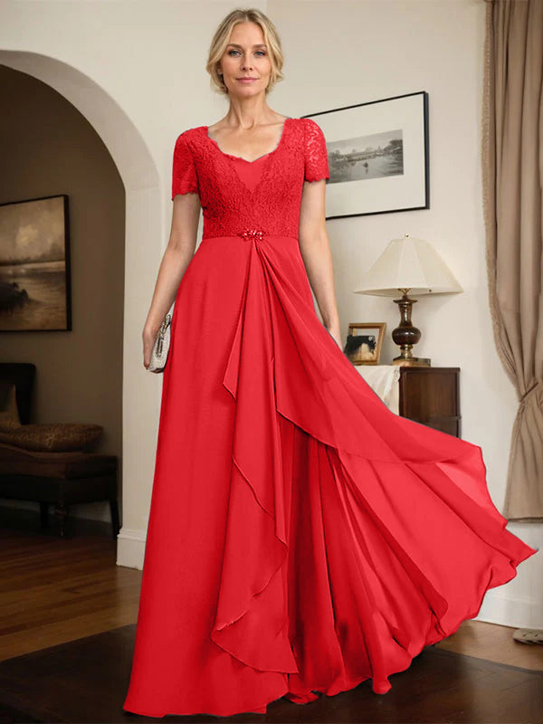 A-line Sweetheart Floor-Length Chiffon Lace Mother of the Bride Dress With Beading Cascading Ruffles