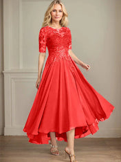 A-line Scoop Illusion Asymmetrical Chiffon Lace Mother of the Bride Dress With Sequins