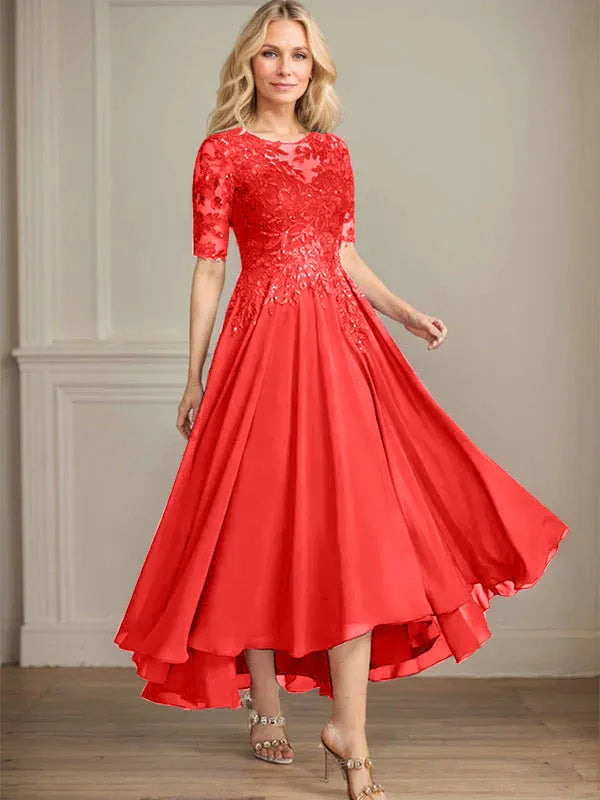 Robe de mère de la mariée asymétrique en mousseline de soie et dentelle, coupe trapèze, décolleté en V, illusion, avec paillettes 