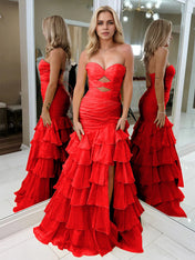 Yellow Strapless Mermaid Cutouts Ruffled Tiered Corset Back Prom Dress with Slit