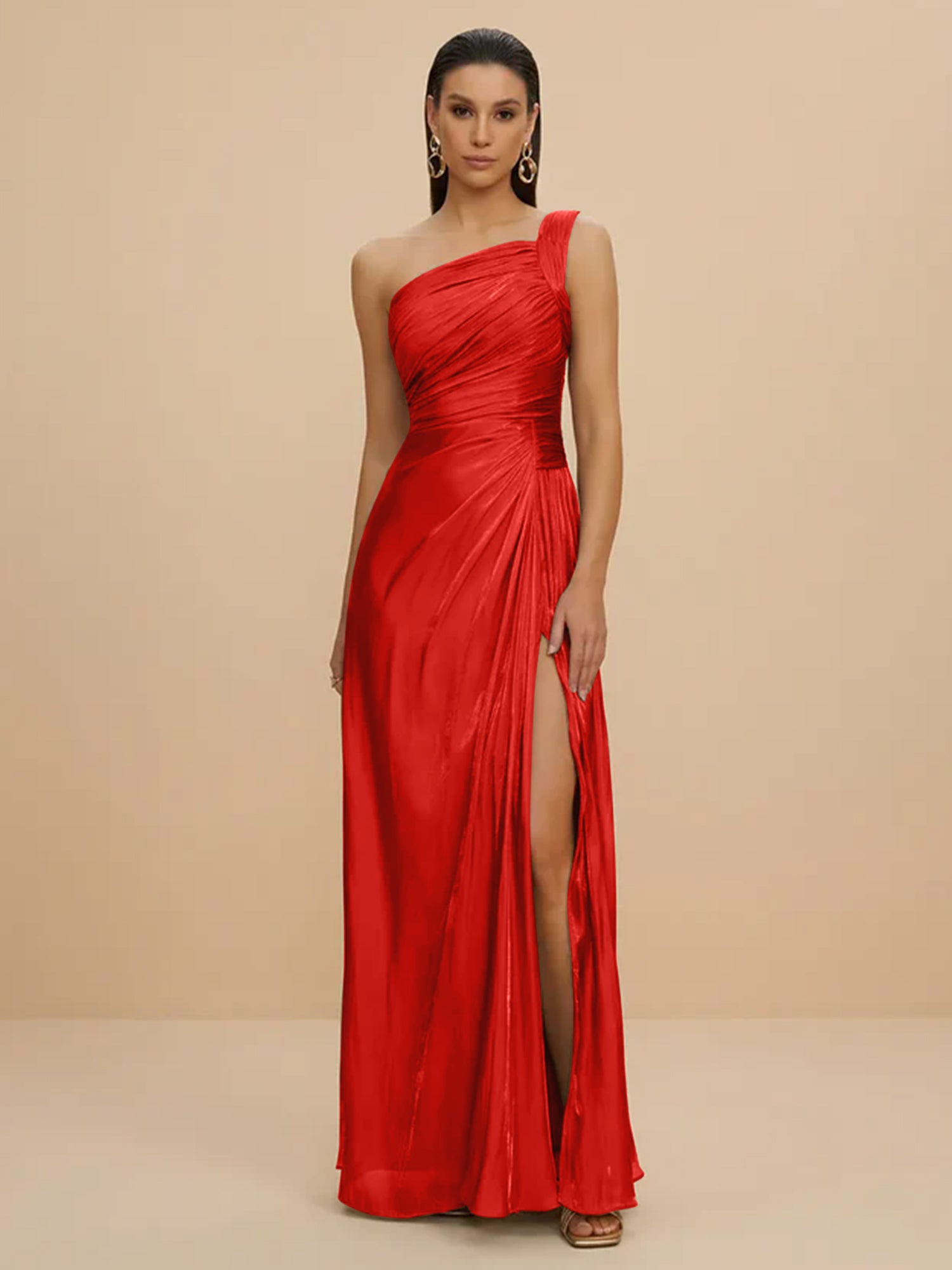 Forma Dress One Shoulder Metallic Pleated Evening Gown with High Slit