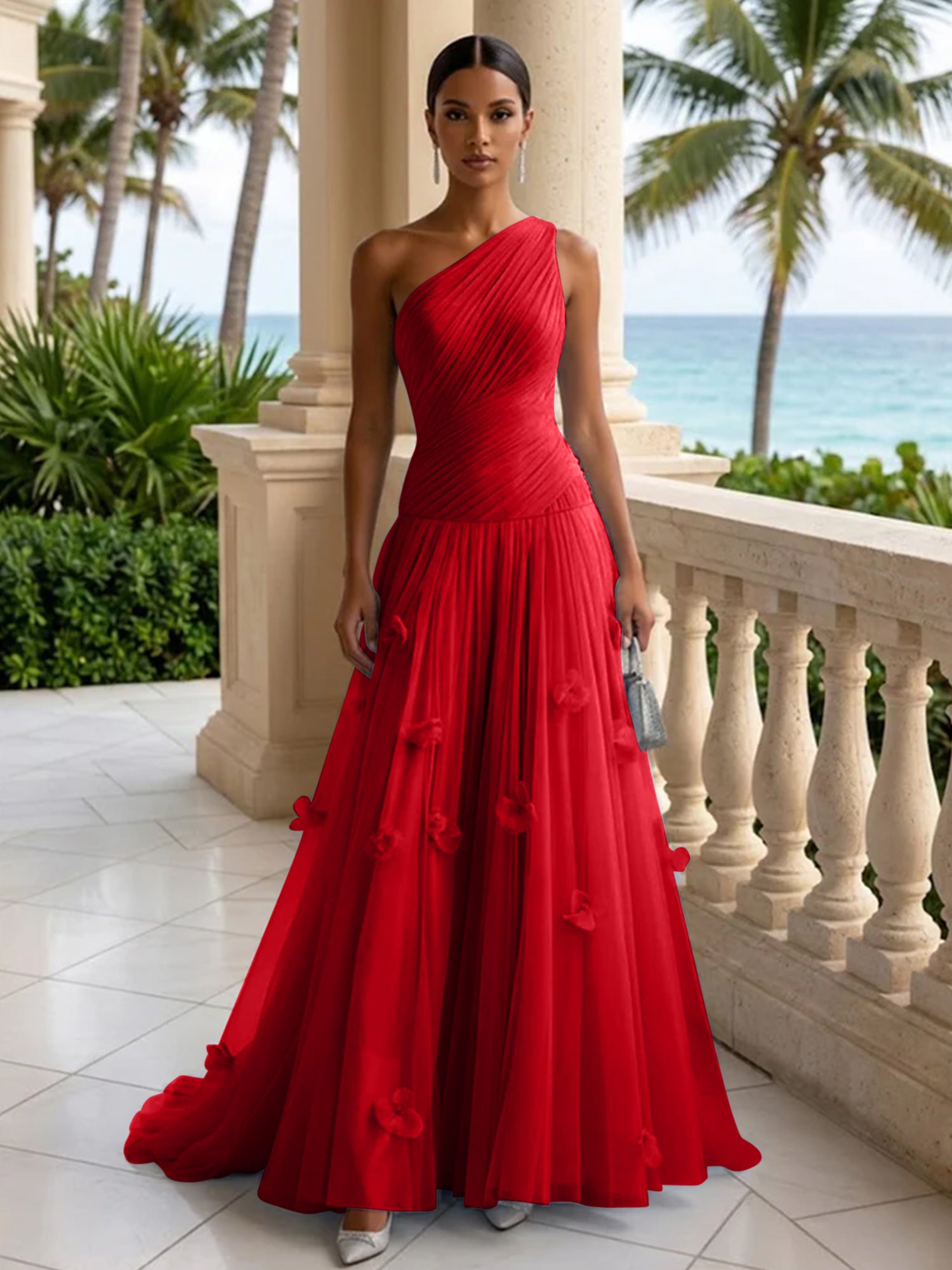 Light Blue Evening Dress with 3D Flower One Shoulder Pleat Maxi Dress