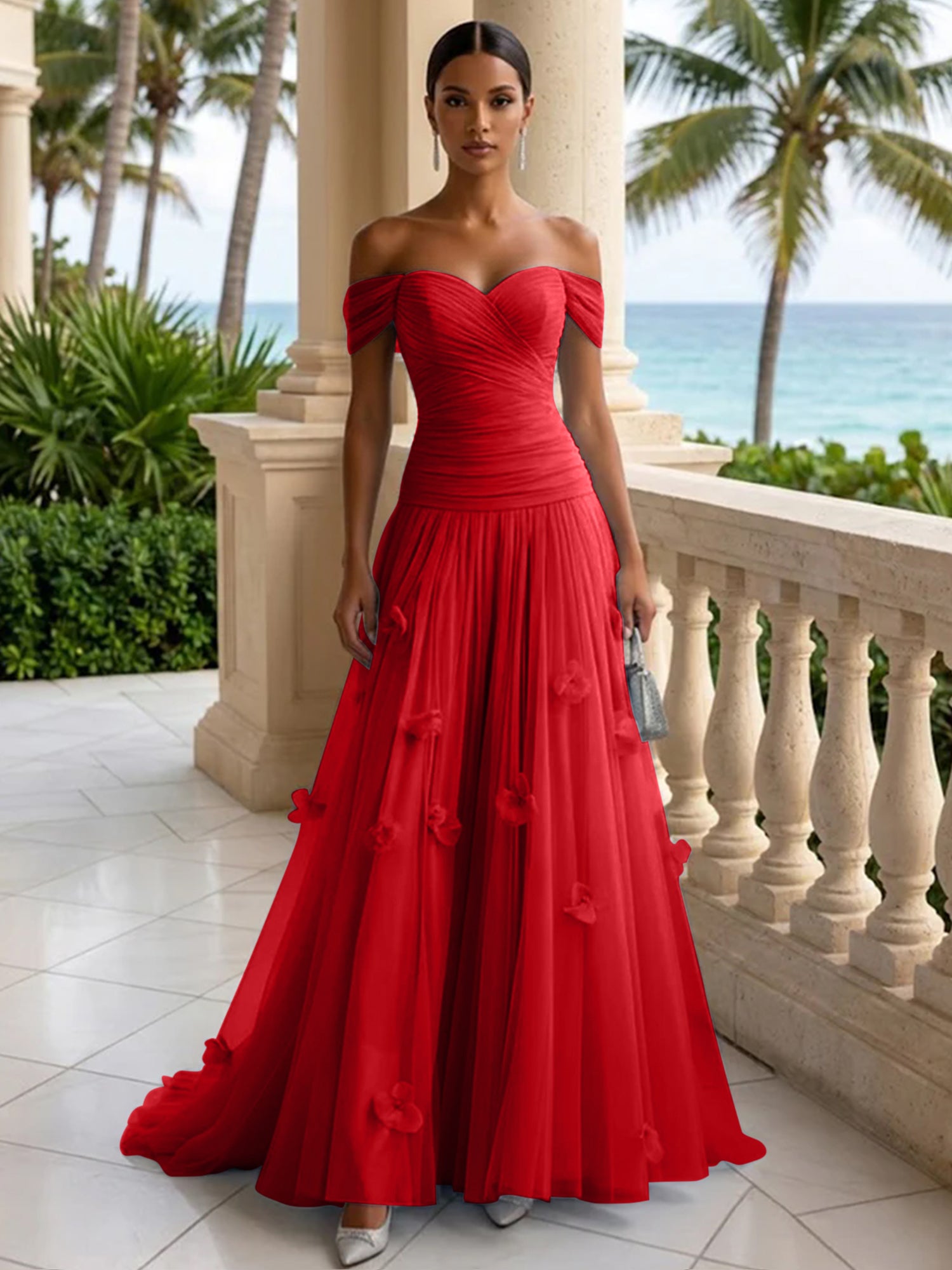 Light Blue Evening Dress with 3D Flower Off The Shoulder Pleat Maxi Dress
