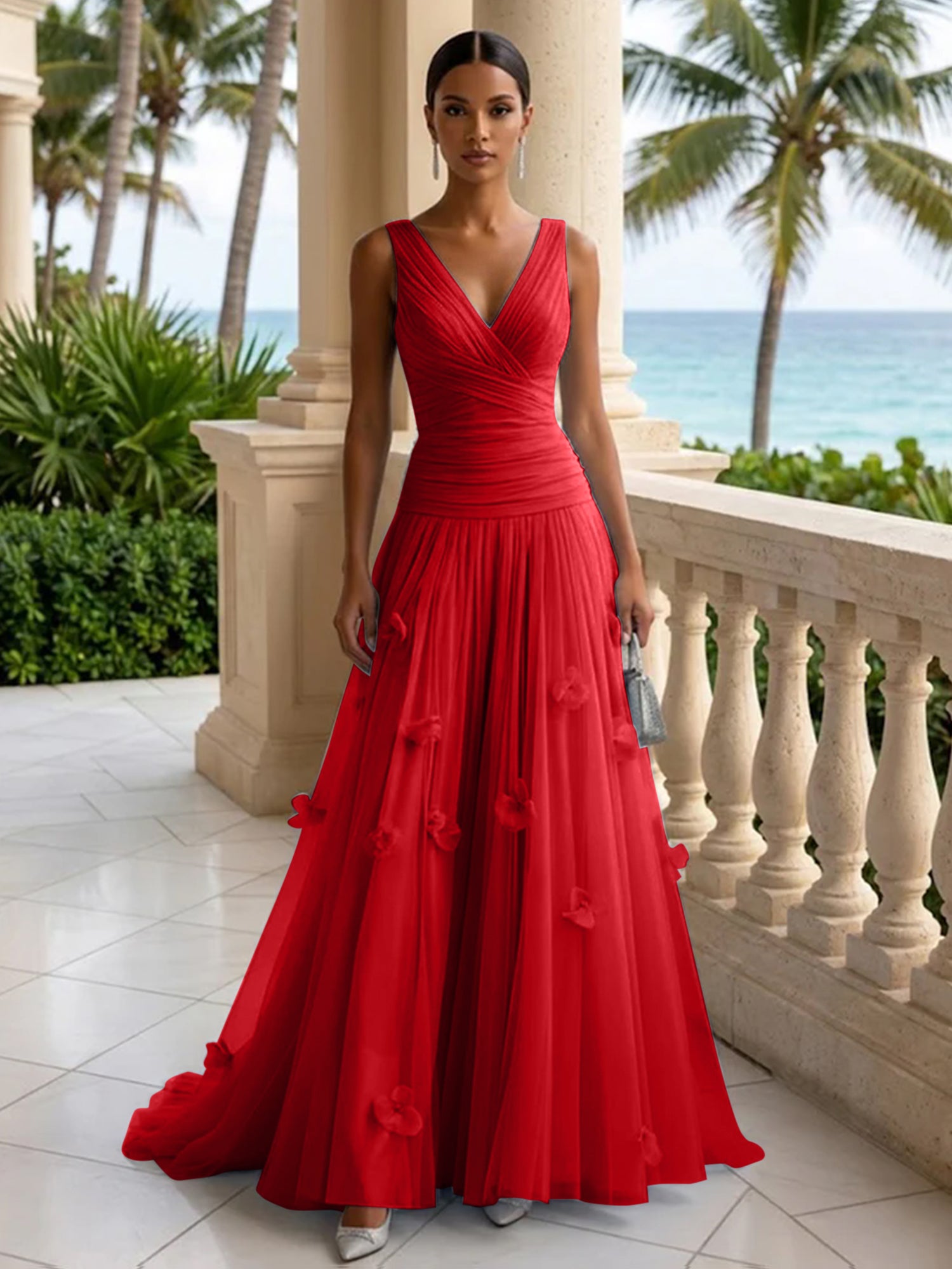 Light Blue Evening Dress with 3D Flower V Neck Pleat Maxi Dress