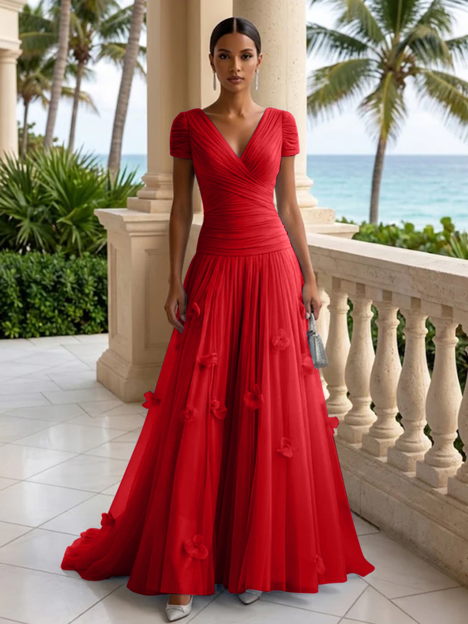 Light Blue Short-Sleeve Tulle Gown Evening Dress with 3D Flower V Neck Pleat Maxi Dress