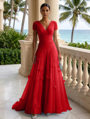 Light Blue Short-Sleeve Tulle Gown Evening Dress with 3D Flower V Neck Pleat Maxi Dress