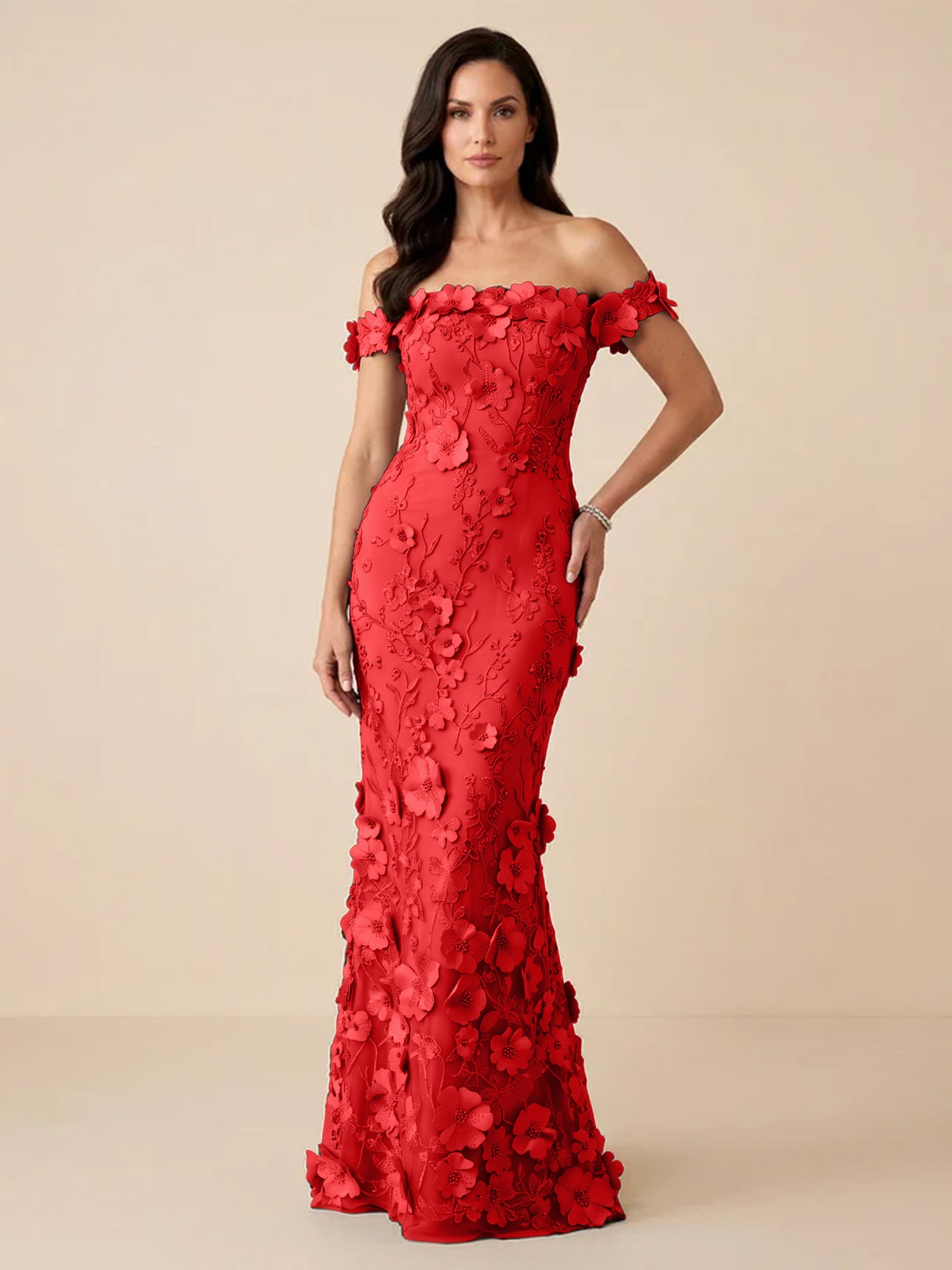 Black Off-the-Shoulder 3D Floral Mermaid Formal Gown Evening Dress
