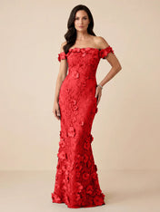 Black Off-the-Shoulder 3D Floral Mermaid Formal Gown Evening Dress