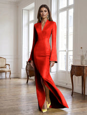 Yellow Long Bell Sleeve Mermaid Evening Gown with Asymmetric V-Neck Formal Dresses