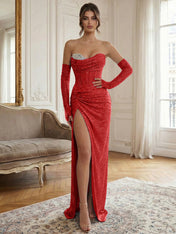 Blue Beaded Corset Long Prom Dress with Matching Gloves