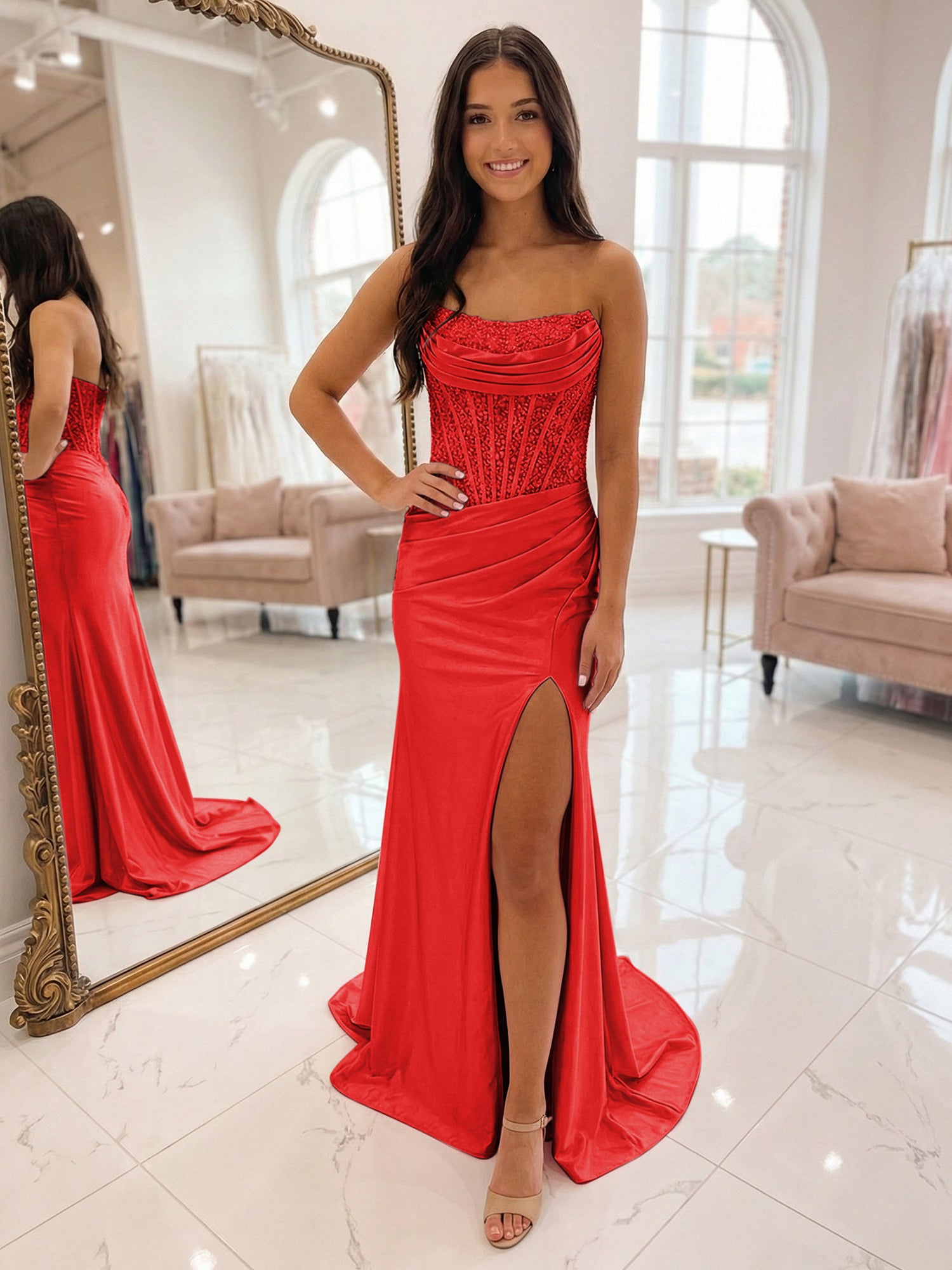 Romantic Pink Satin Corset Slit Prom Dress with Beaded Bodice