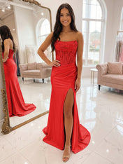 Romantic Pink Satin Corset Slit Prom Dress with Beaded Bodice