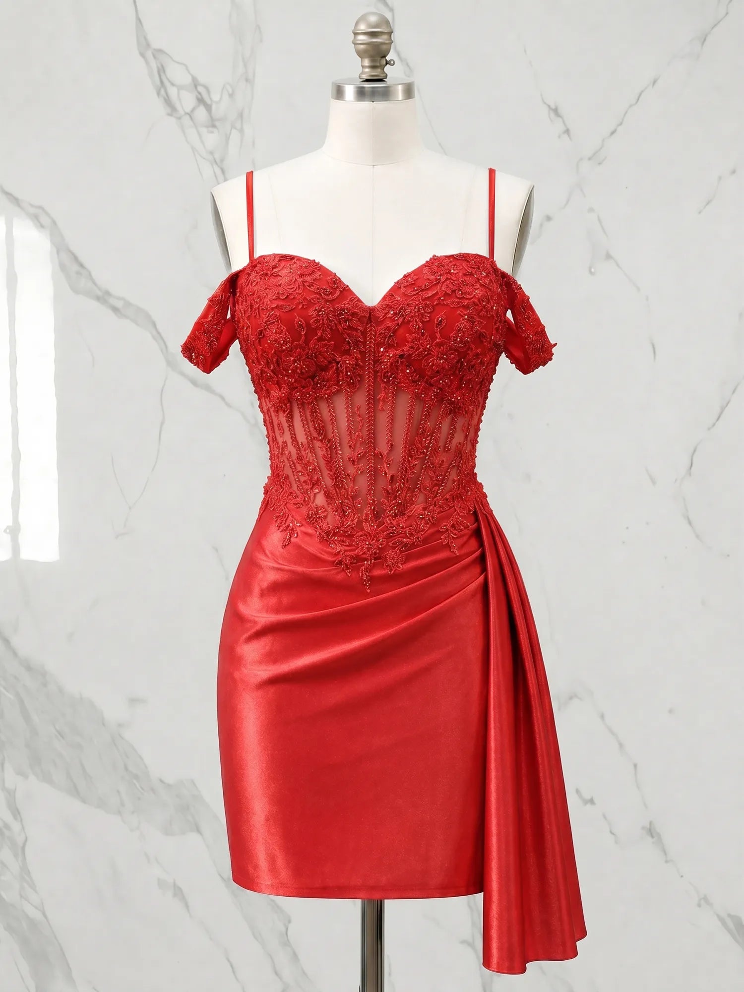 Sweetheart Sheer Corset Mini Dress with Cascading Side Drape Homecoming Dresses