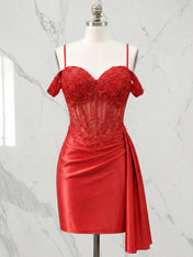 Sweetheart Sheer Corset Mini Dress with Cascading Side Drape Homecoming Dresses