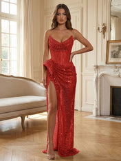 Champagne Gold Crystal-Embellished Corset Long Prom Dress with Slit