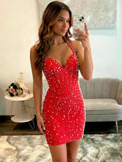 Glamorous Champagne Pearl Beaded Corset Short Homecoming Dress