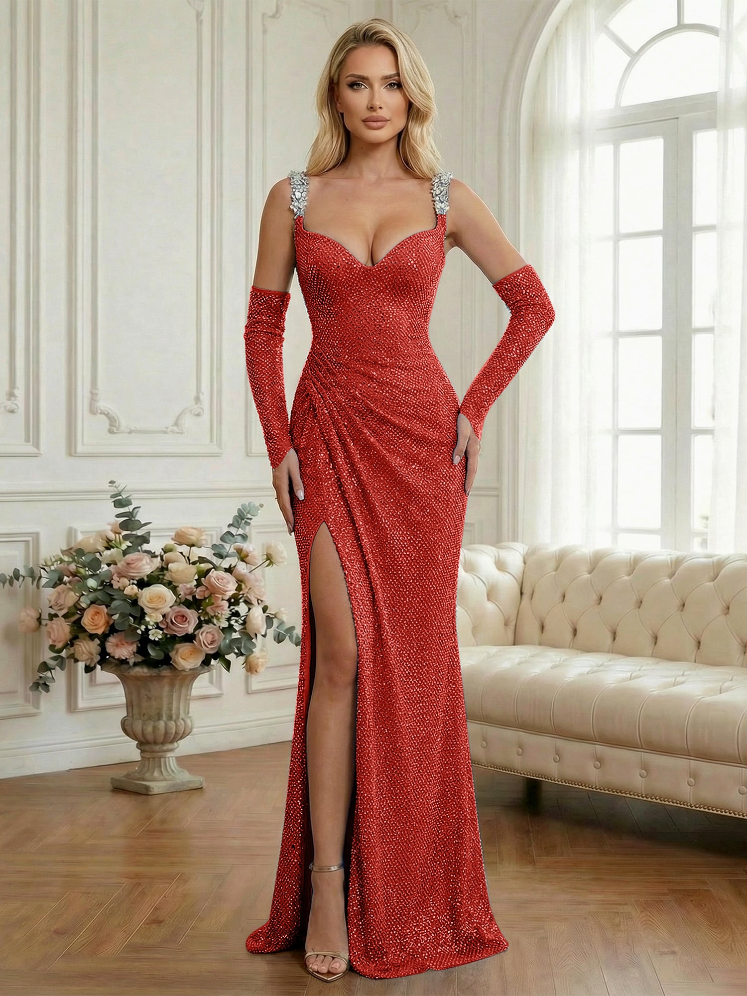 Light Blue Sequin Mermaid Matching Opera Gloves Long Prom Dress with Slit