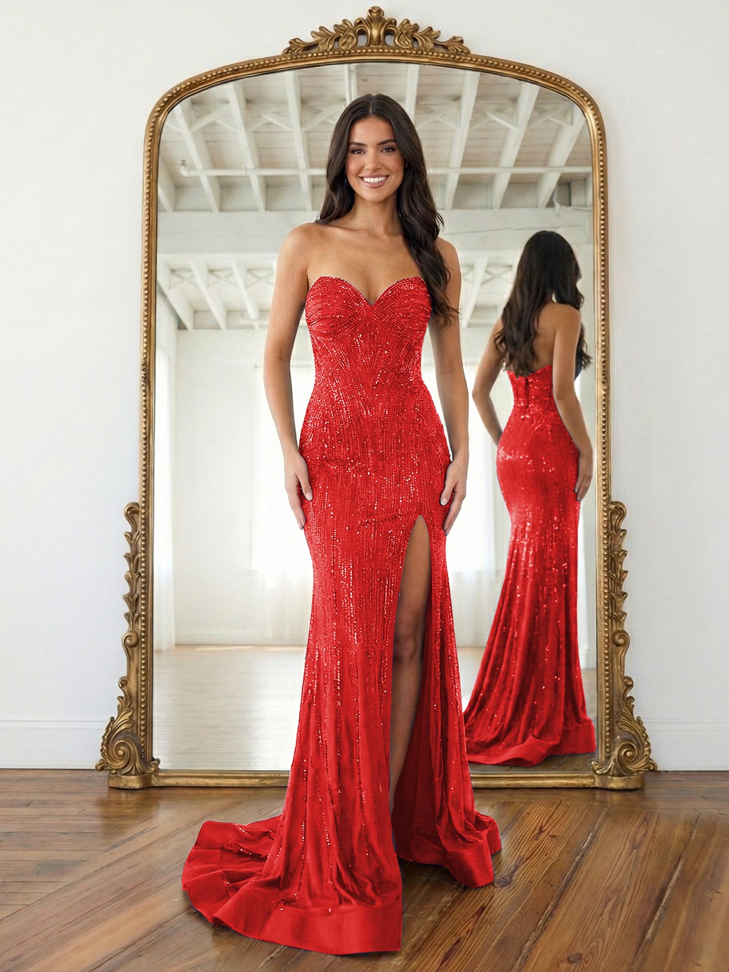 Navy Blue Strapless Sequin Prom Dress with Linear Beading