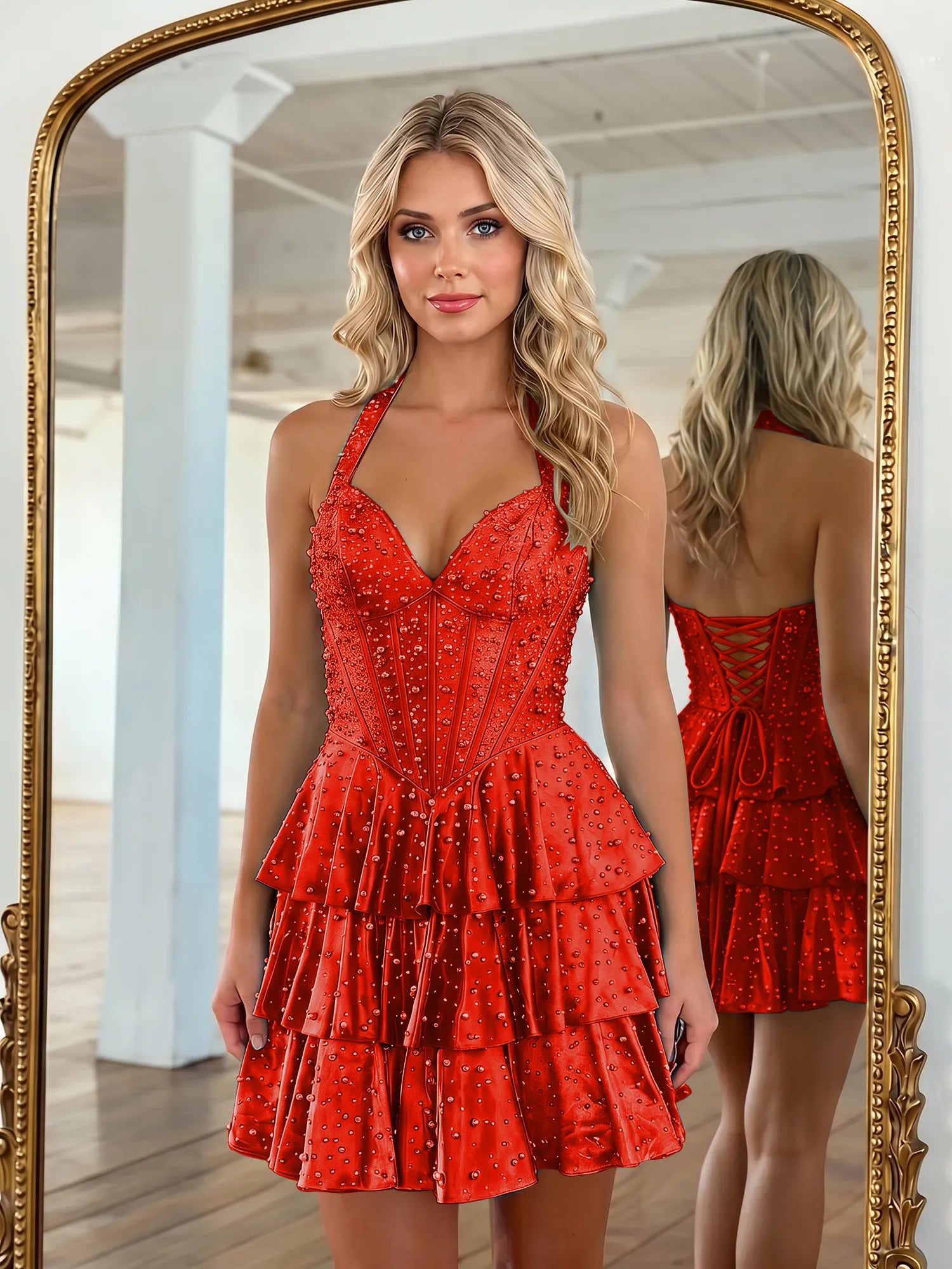 Halter Neck Pearl Beaded Tiered Short Homecoming Dresses