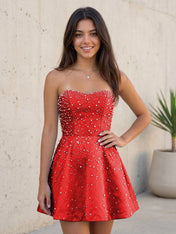 Baby Blue All Over Pearl Strapless Satin A-Line Mini Homecoming Dresses